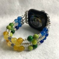 Blue, Green, Yellow glass beads with silver accents Apple Watch band